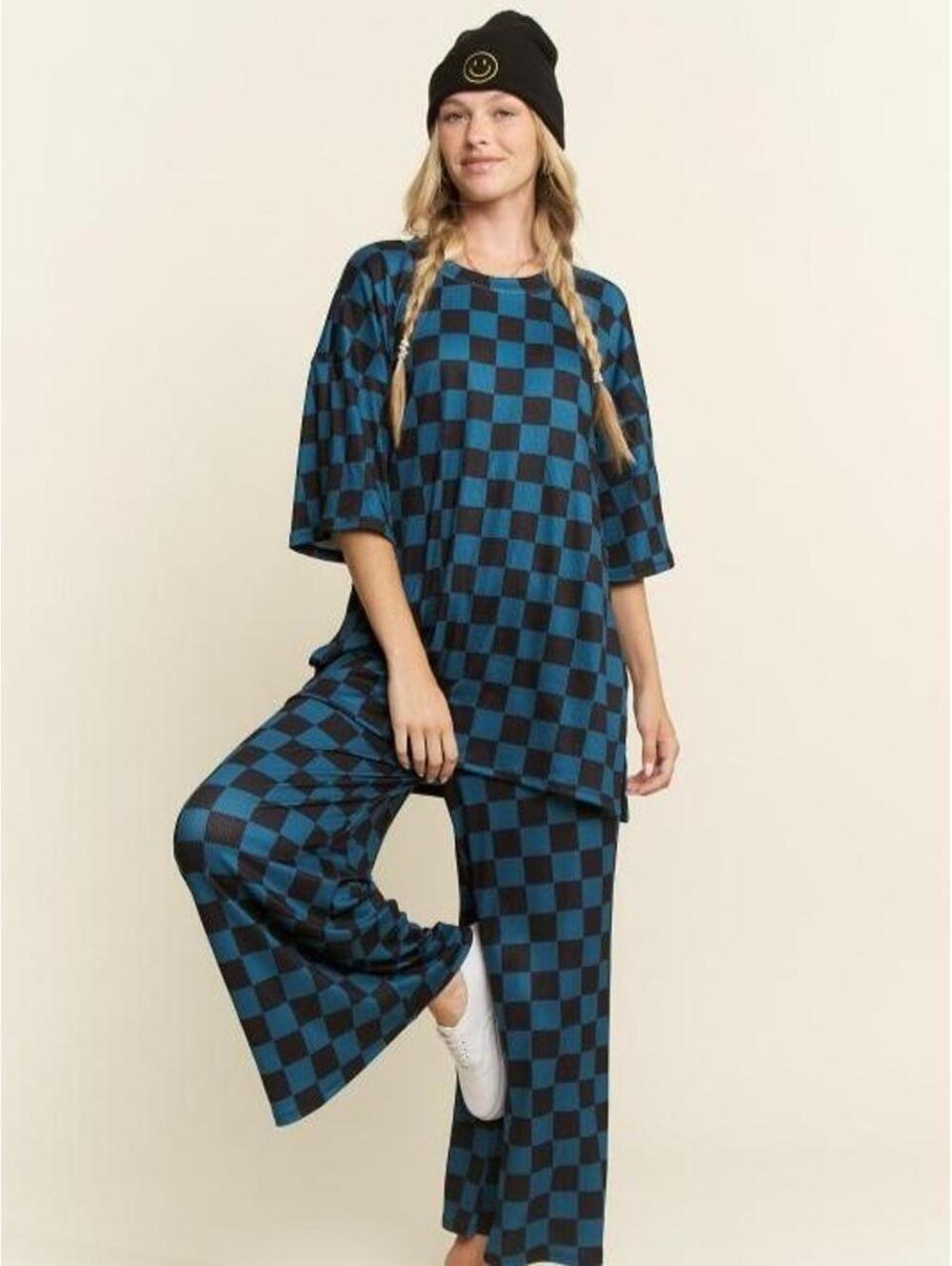 Blue Black Checkered Ribbed Two Piece Set Size small